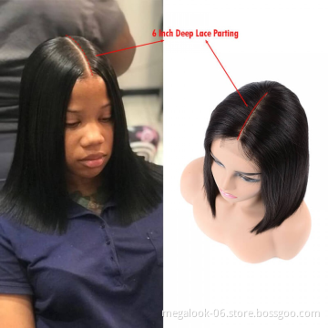 100% Brazilian Kim K Natural 2x6 2x4 Long Deep Parting Human Hair Lace Closure Bob Wigs